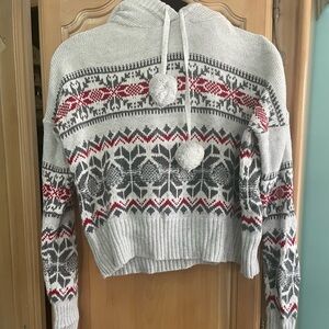 Gray and Red Cowl Neck Sweater with Nordic Pattern